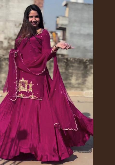 Pink Embroidered Silk Lehenga Set With Dupatta