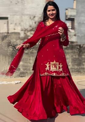 Red Embroidered Silk Lehenga Set With Dupatta