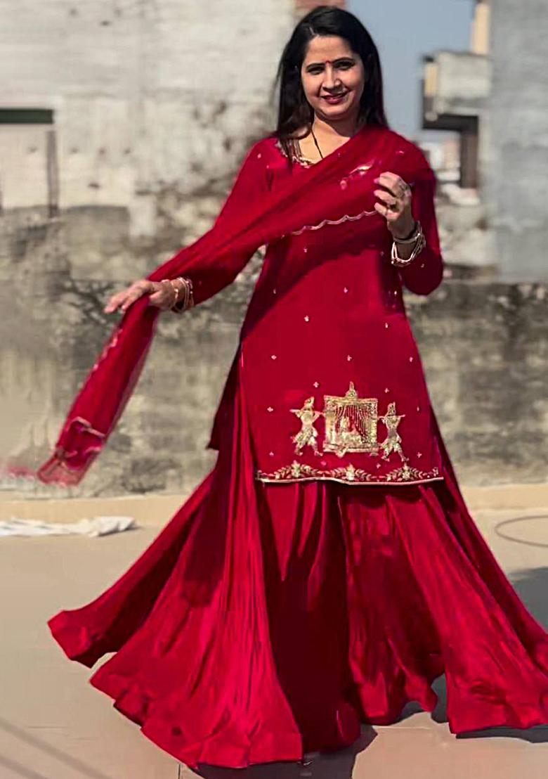 Red Embroidered Silk Lehenga Set With Dupatta