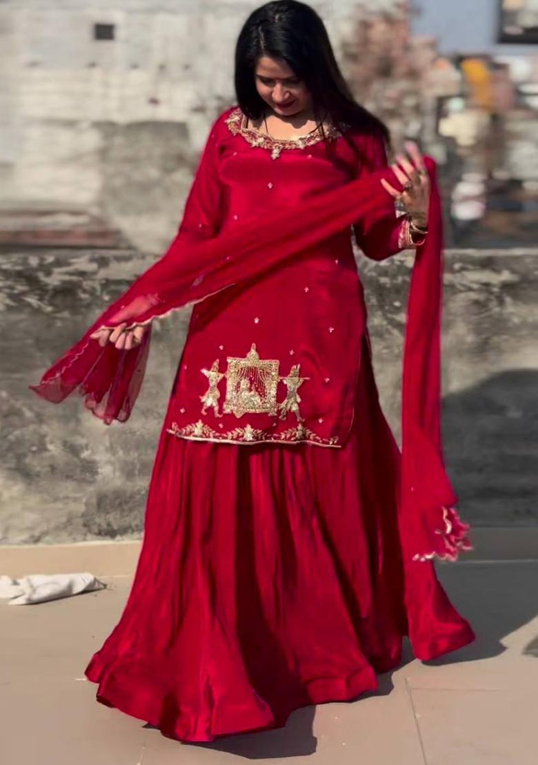 Red Embroidered Silk Lehenga Set With Dupatta