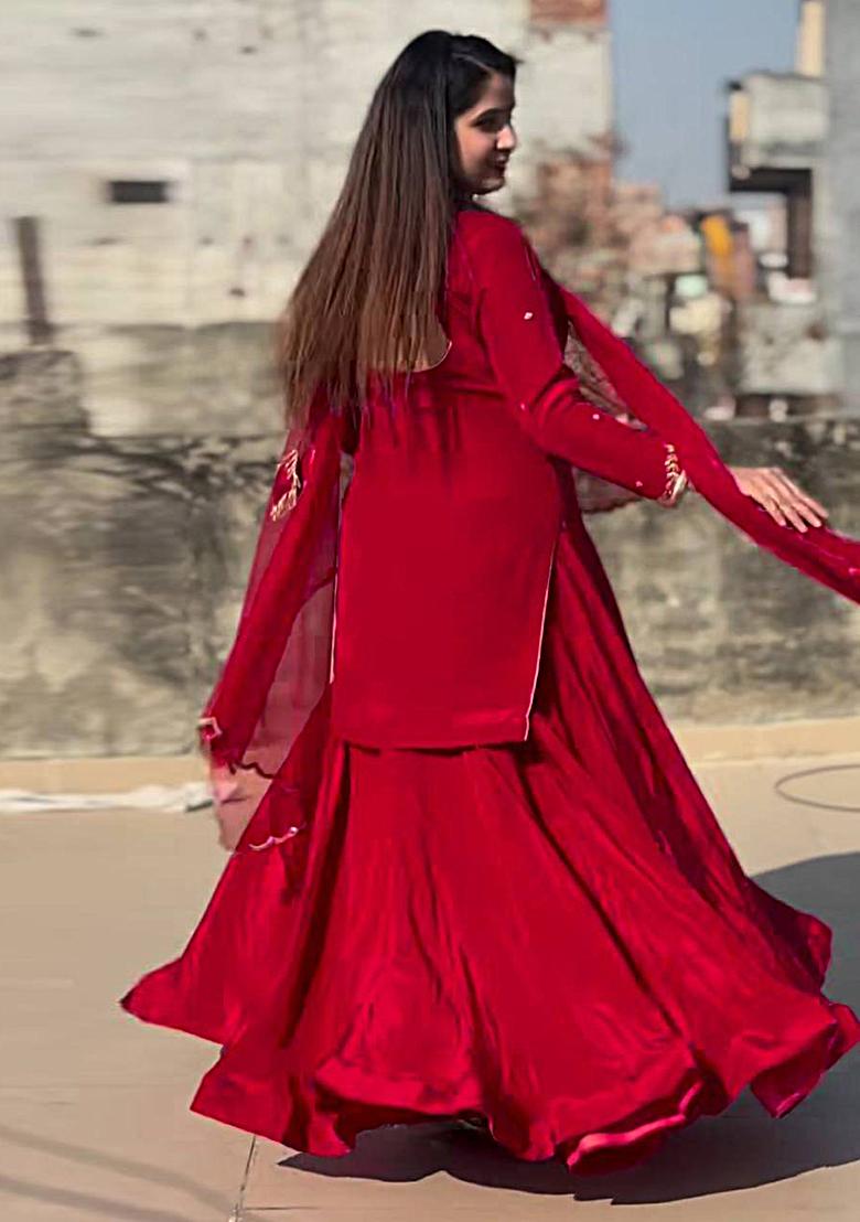 Red Embroidered Silk Lehenga Set With Dupatta