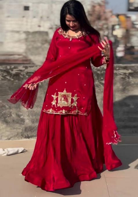 Red Embroidered Silk Lehenga Set With Dupatta