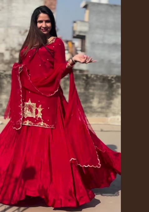 Red Embroidered Silk Lehenga Set With Dupatta