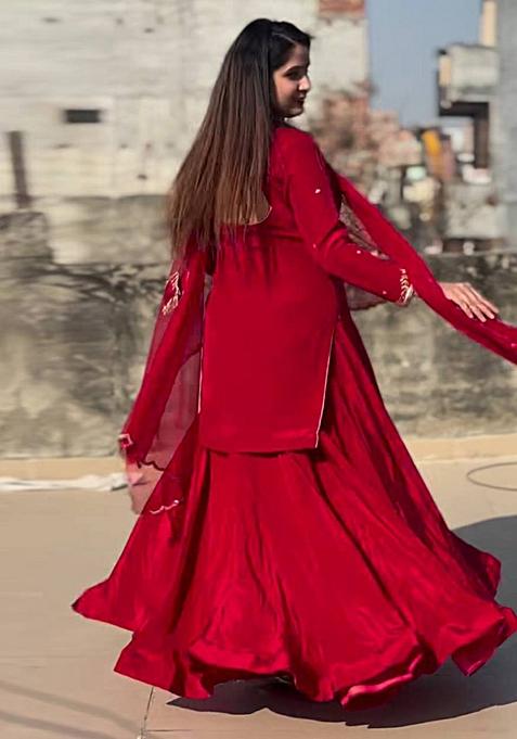 Red Embroidered Silk Lehenga Set With Dupatta