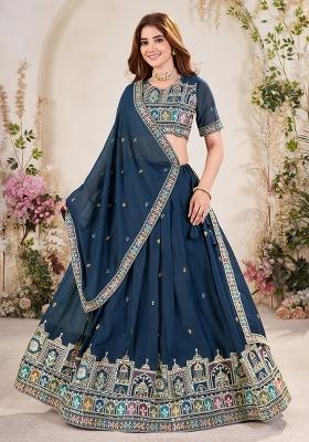 Teal Blue Embroidered Georgette Lehenga Set With Dupatta