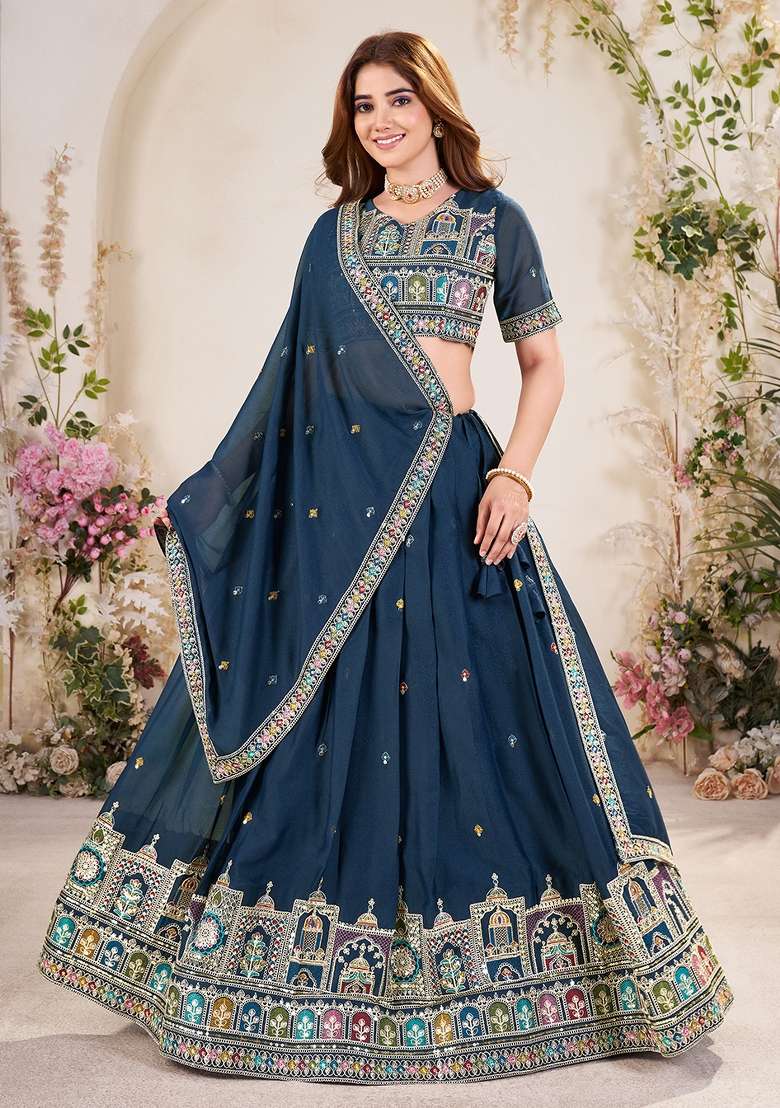 Teal Blue Embroidered Georgette Lehenga Set With Dupatta - Indya
