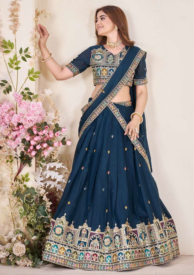 Teal Blue Embroidered Georgette Lehenga Set With Dupatta - Indya