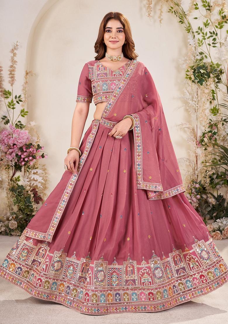 Pastel Pink Embroidered Georgette Lehenga Set With Dupatta