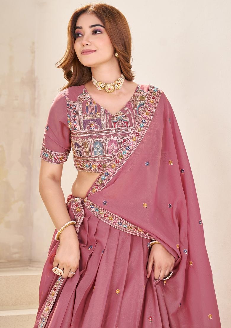 Pastel Pink Embroidered Georgette Lehenga Set With Dupatta
