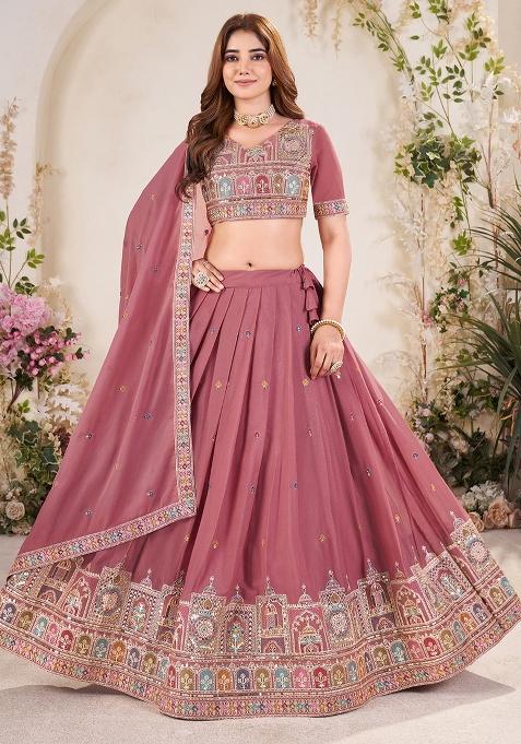 Pastel Pink Embroidered Georgette Lehenga Set With Dupatta