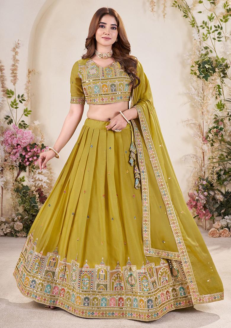Mustard Yellow Embroidered Georgette Lehenga Set With Dupatta