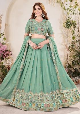 Pista Green Embroidered Georgette Lehenga Set With Dupatta