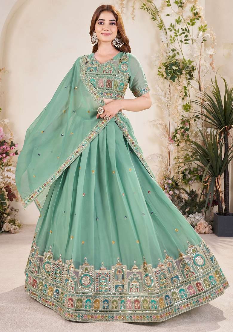 Pista Green Embroidered Georgette Lehenga Set With Dupatta - Indya