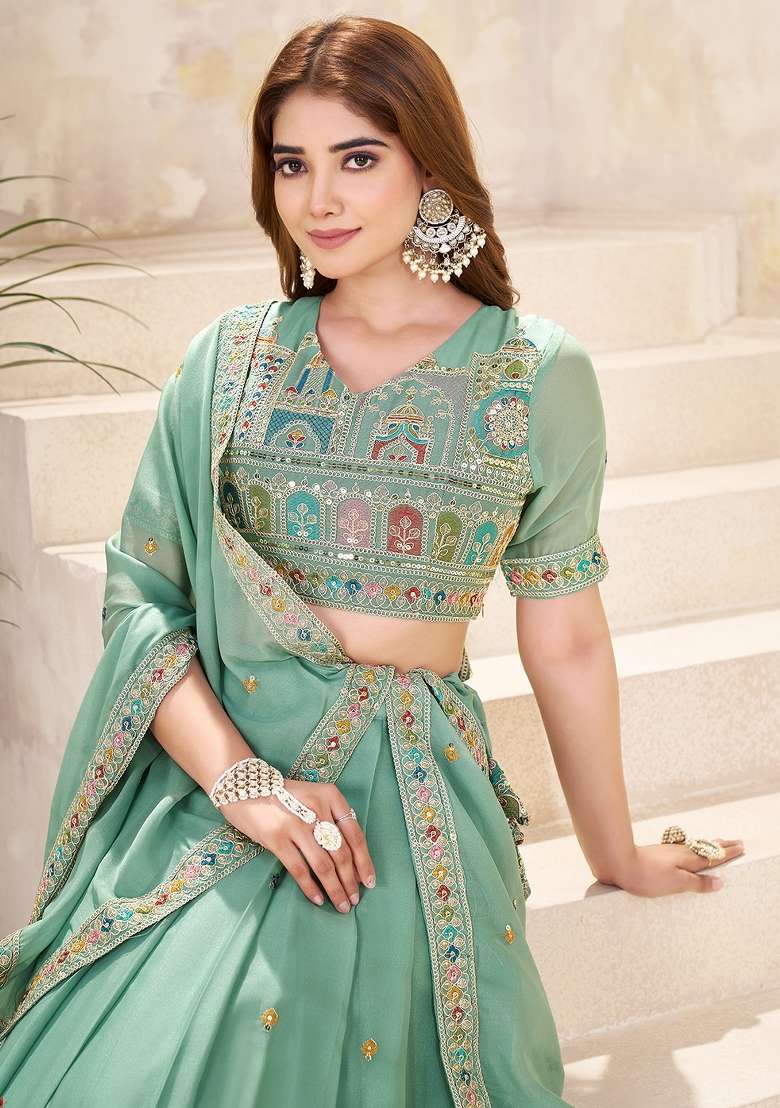 Pista Green Embroidered Georgette Lehenga Set With Dupatta - Indya