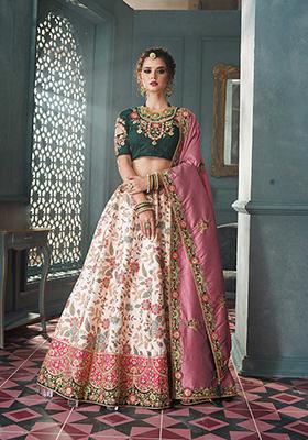 Cream Embroidered Silk Lehenga Set