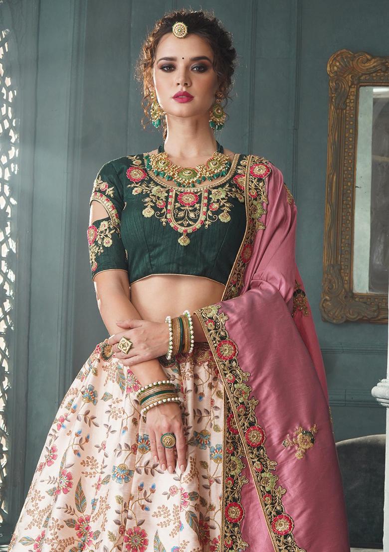 Cream Embroidered Silk Lehenga Set