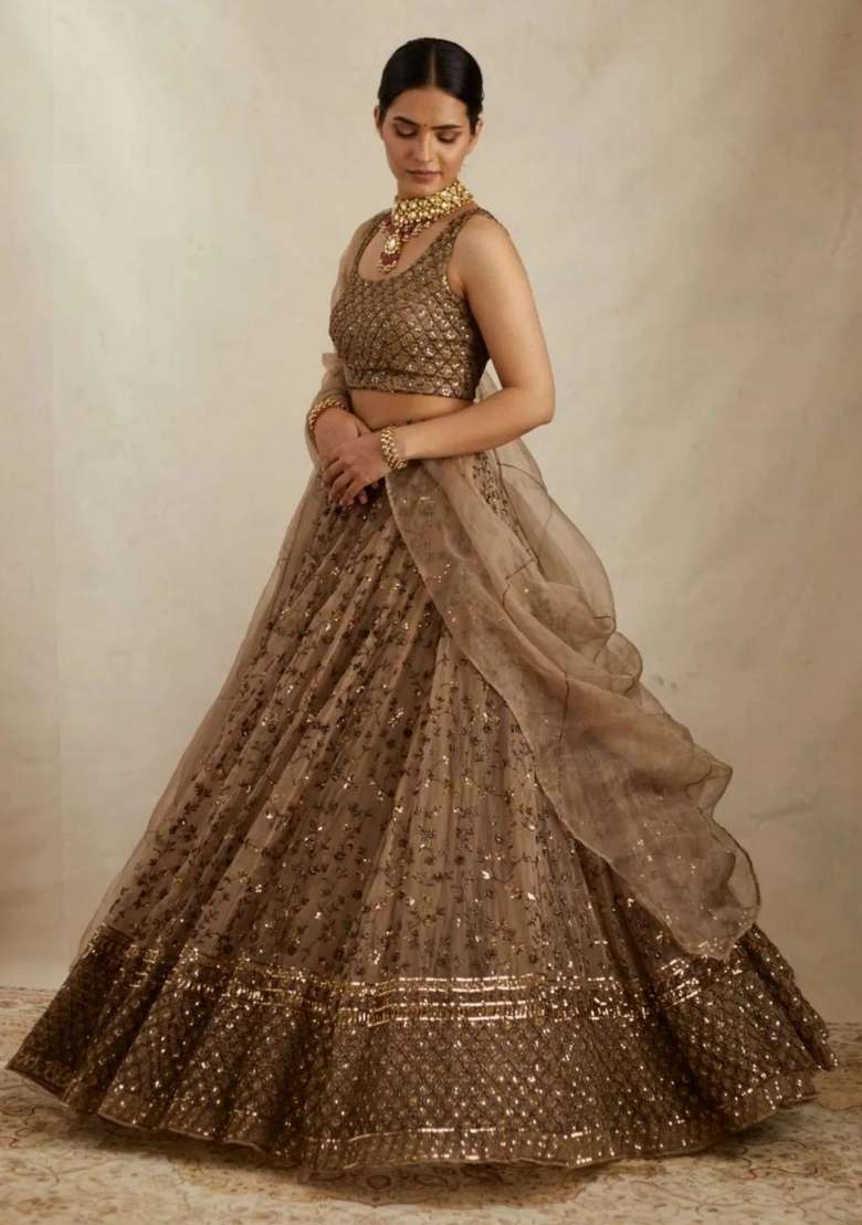 Brown Embroidered Net Lehenga Set With Dupatta for Diwali and Festive Wear - Indya
