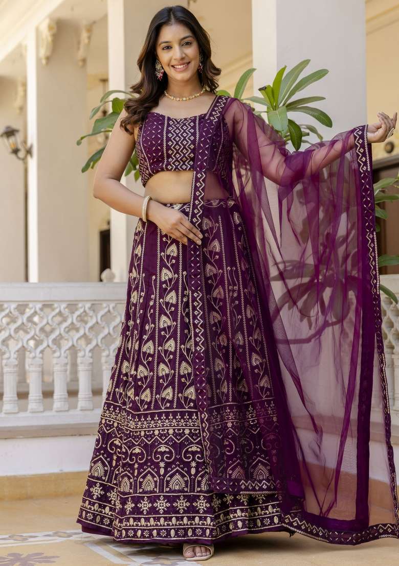 Wine Embroidered Georgette Lehenga Set With Dupatta for Diwali and Festive Wear - Indya