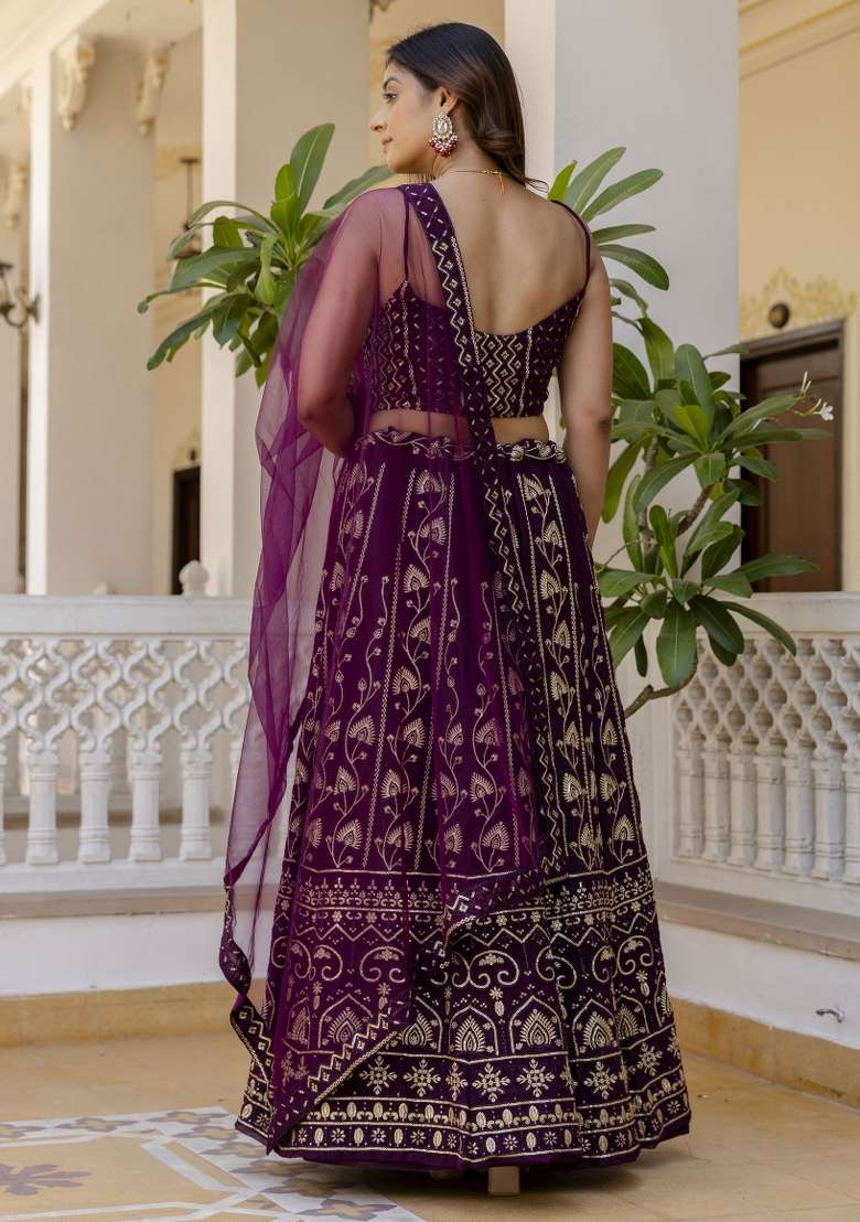 Wine Embroidered Georgette Lehenga Set With Dupatta for Diwali and Festive Wear - Indya