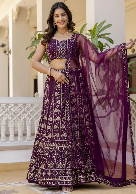 Wine Embroidered Georgette Lehenga Set With Dupatta