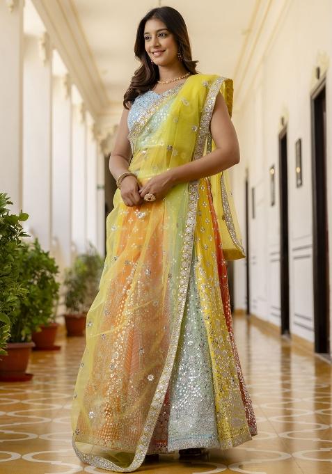 Multi Color Embroidered Georgette Lehenga Set With Dupatta