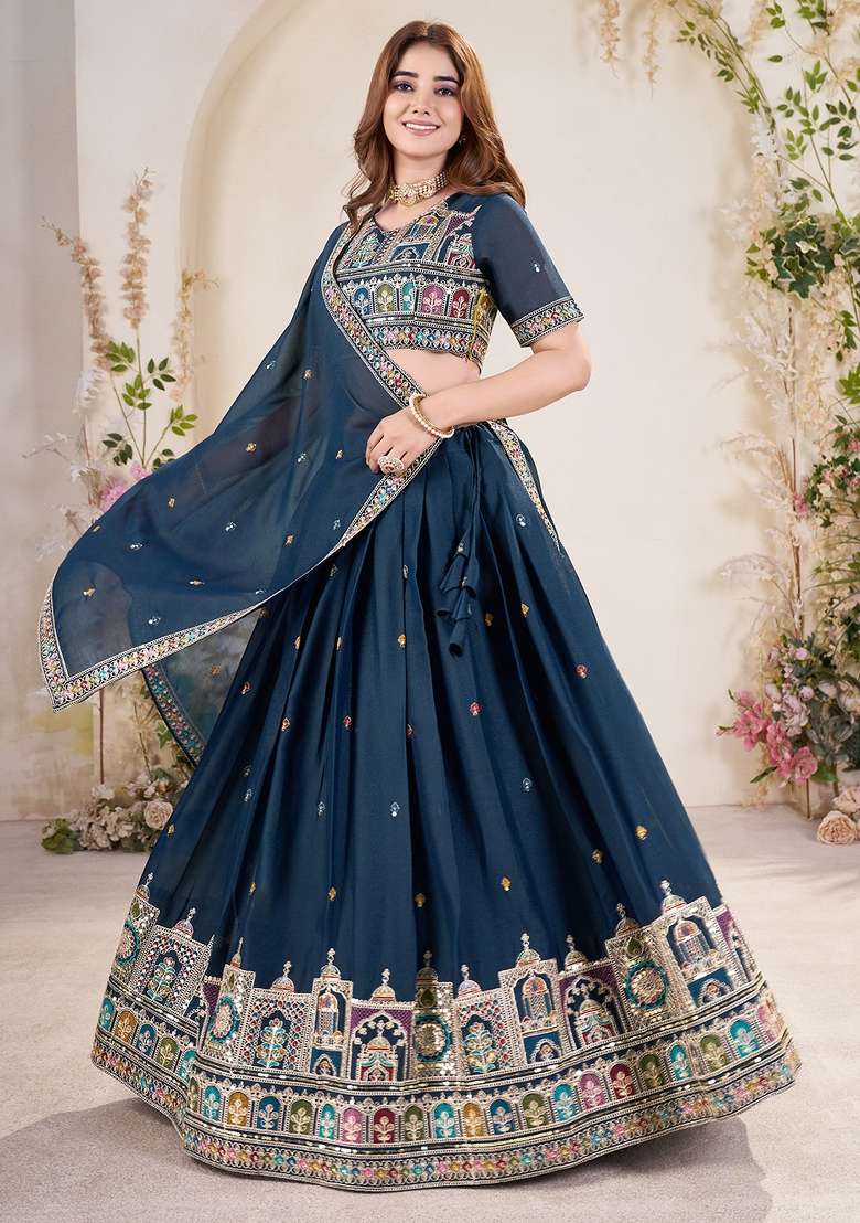 Teal Blue Embroidered Georgette Lehenga Set With Dupatta - Indya