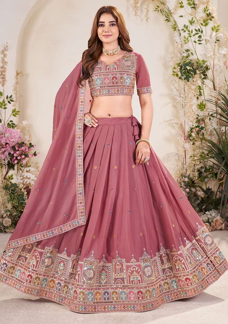 Pastel Pink Embroidered Georgette Lehenga Set With Dupatta - Indya