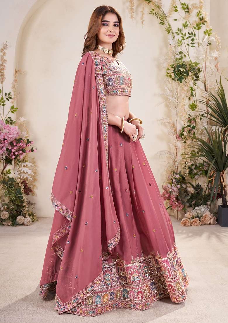 Pastel Pink Embroidered Georgette Lehenga Set With Dupatta - Indya