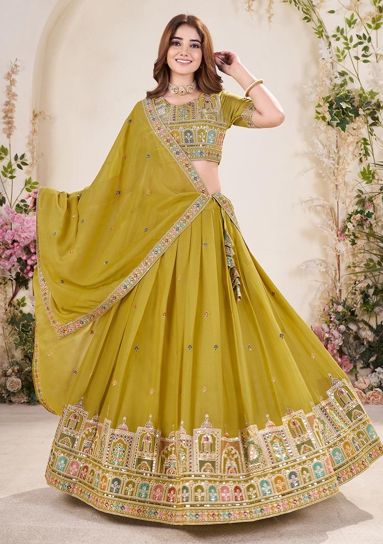 Mustard Yellow Embroidered Georgette Lehenga Set With Dupatta