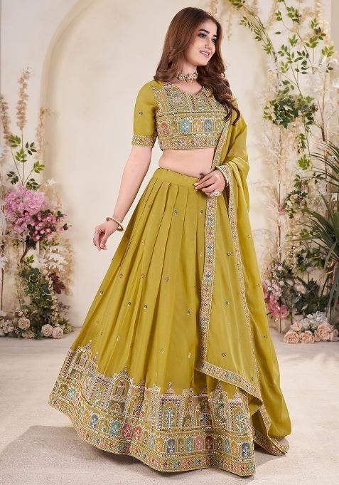 Mustard Yellow Embroidered Georgette Lehenga Set With Dupatta