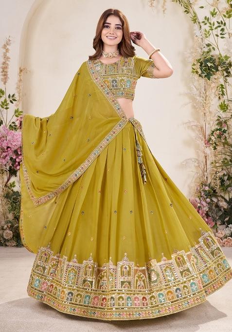 Mustard Yellow Embroidered Georgette Lehenga Set With Dupatta