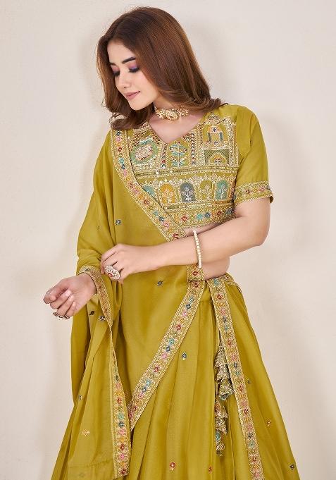 Mustard Yellow Embroidered Georgette Lehenga Set With Dupatta