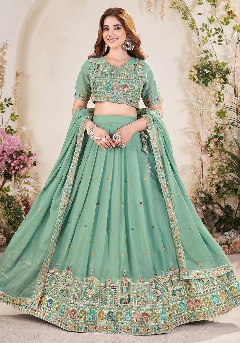 Pista Green Embroidered Georgette Lehenga Set With Dupatta