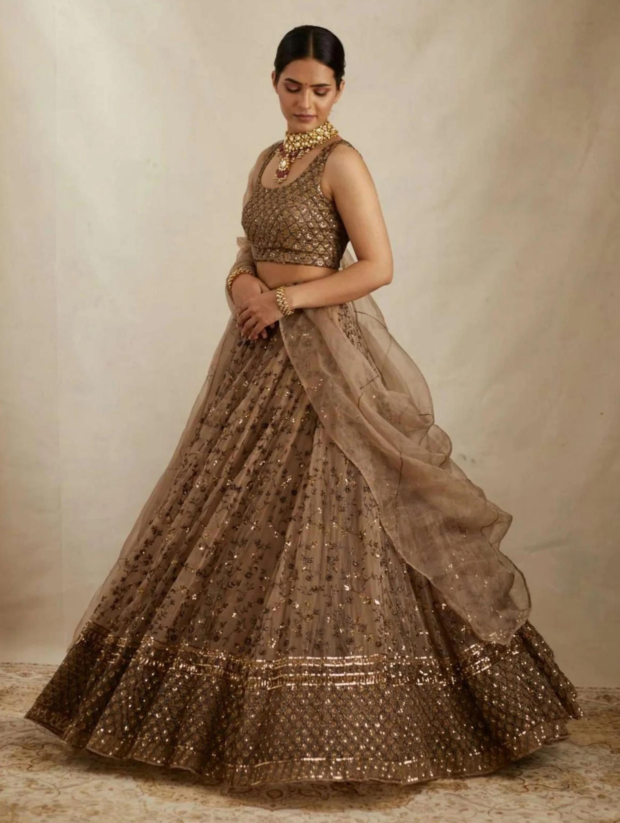 Brown Embroidered Net Lehenga Set With Dupatta