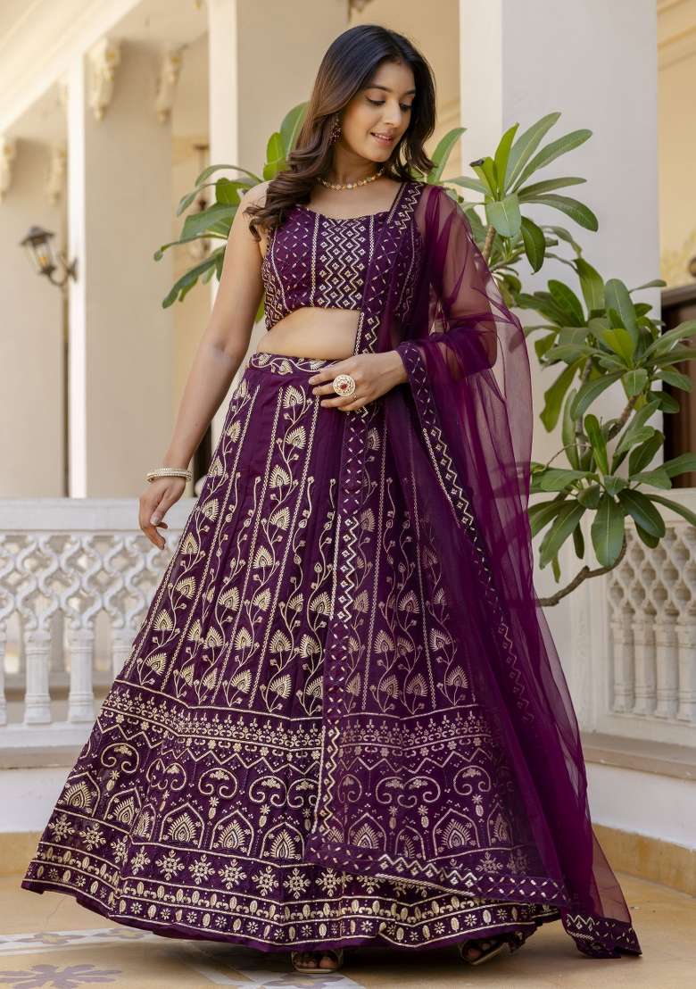 Wine Embroidered Georgette Lehenga Set With Dupatta for Diwali and Festive Wear - Indya