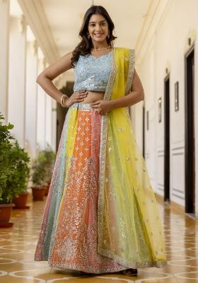 Multicolor Embroidered Georgette Lehenga Set With Dupatta
