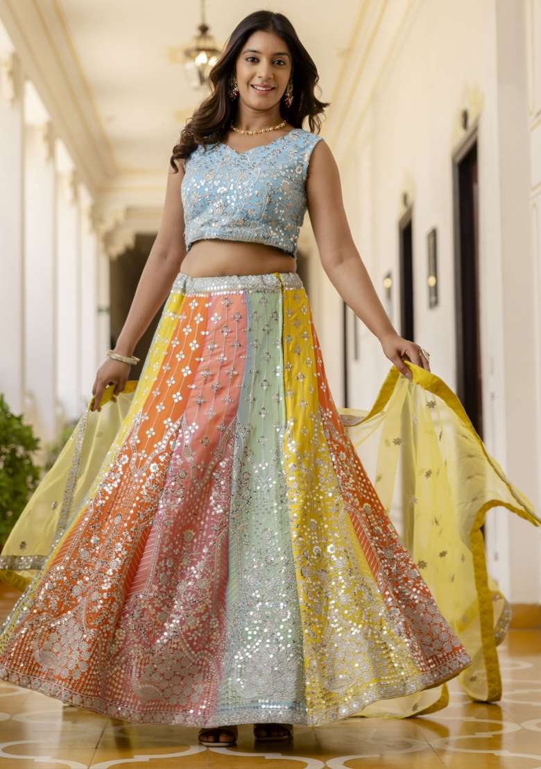 Multicolor Embroidered Georgette Lehenga Set With Dupatta for Diwali and Festive Wear - Indya