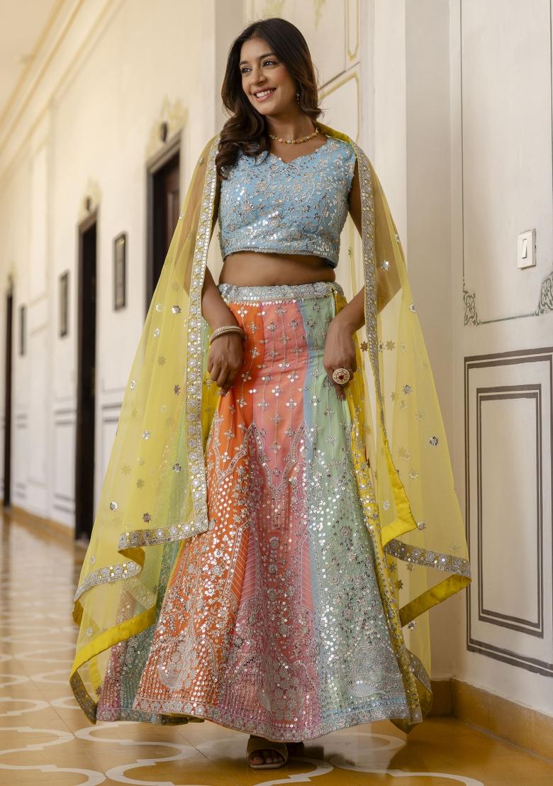 Multicolor Embroidered Georgette Lehenga Set With Dupatta