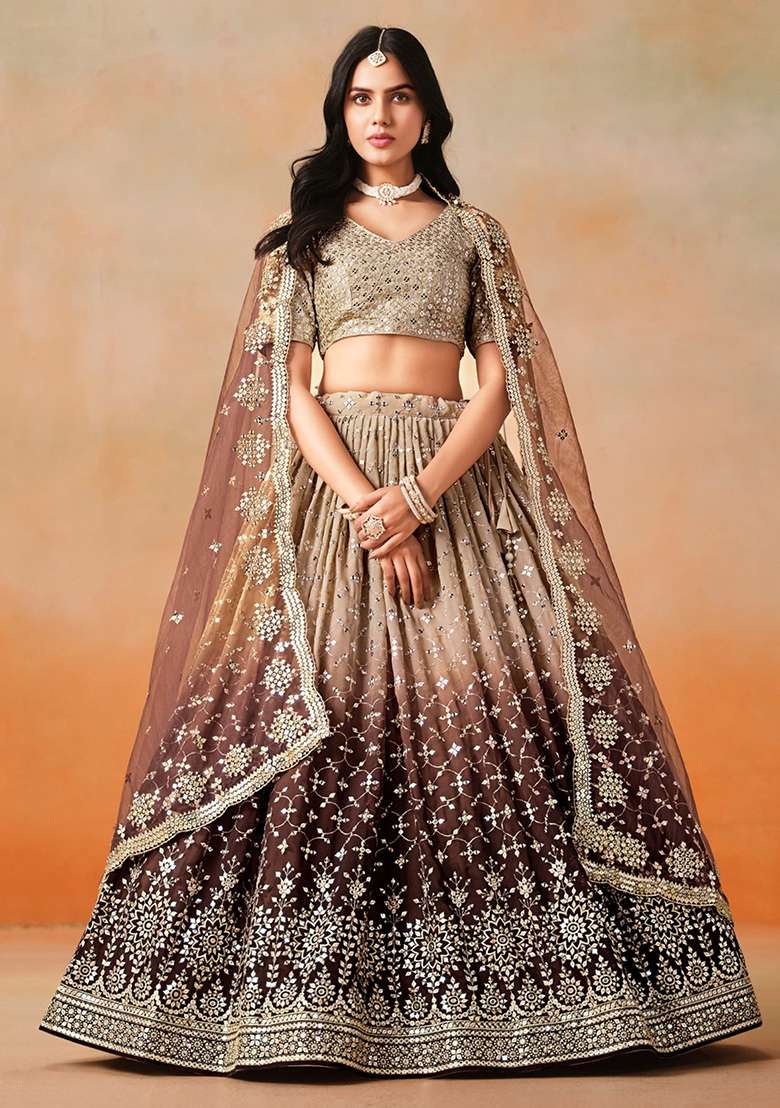 Brown And Dark Beige Georgette Lehenga Set with Embroidered & Sequin for Diwali | Wedding & Festive Wear - Indya