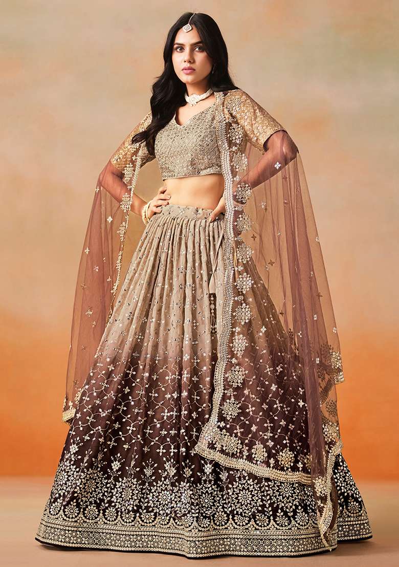 Brown And Dark Beige Georgette Lehenga Set with Embroidered & Sequin for Diwali | Wedding & Festive Wear - Indya