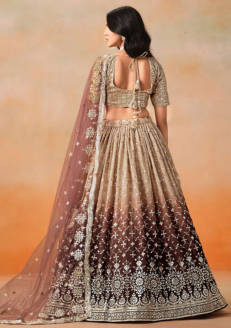 Brown And Dark Beige Georgette Lehenga Set with Embroidered & Sequin for Diwali | Wedding & Festive Wear - Indya