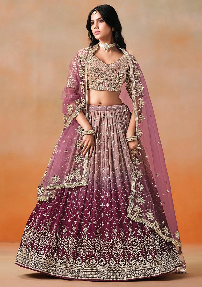 Wine And Beige Georgette Sequin Embroidered Lehenga Set