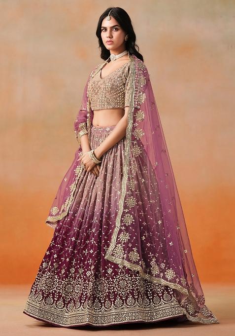 Wine And Beige Georgette Sequin Embroidered Lehenga Set