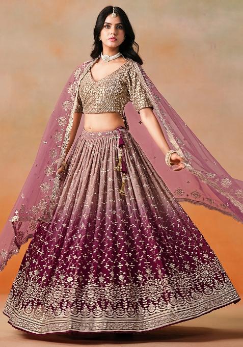 Wine And Beige Georgette Sequin Embroidered Lehenga Set