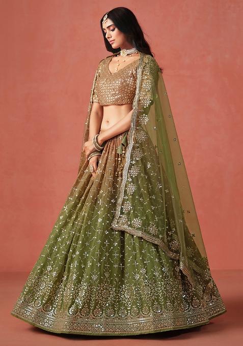 Mahendi And Brown Georgette Sequin Embroidered Lehenga Set