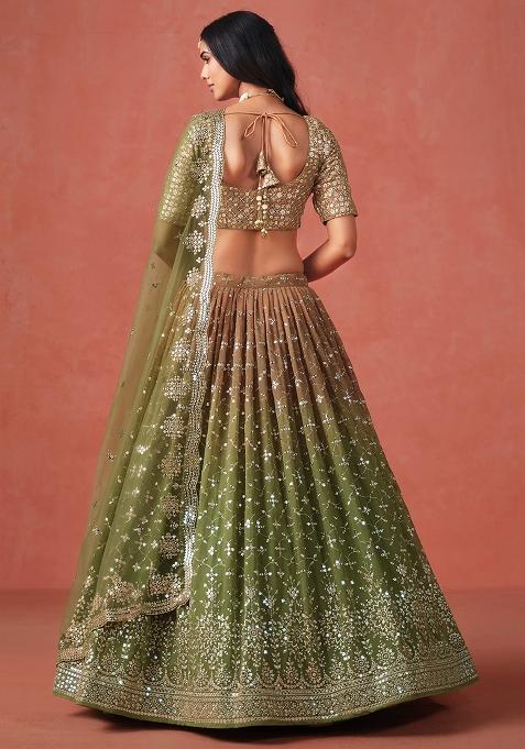 Mahendi And Brown Georgette Sequin Embroidered Lehenga Set