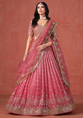 Peach And Light Pink Georgette Sequin Embroidered Lehenga Set