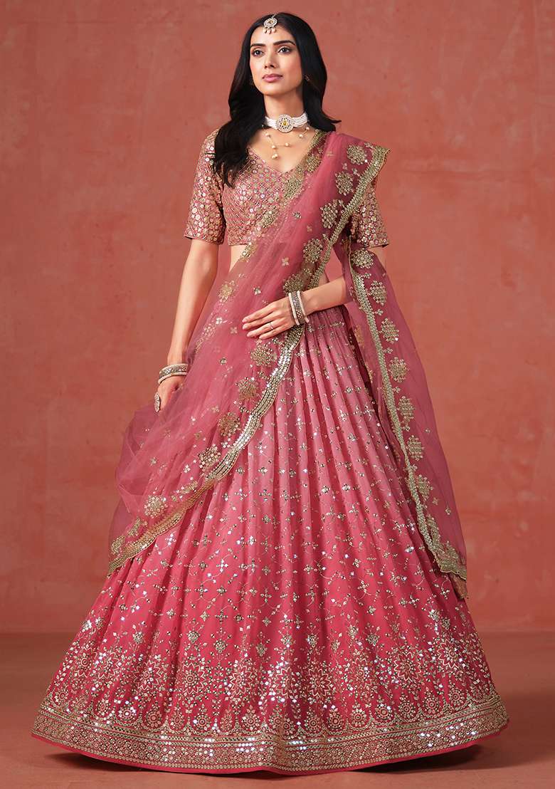 Peach And Light Pink Georgette Lehenga Set with Embroidered & Sequin for Diwali | Wedding & Festive Wear - Indya