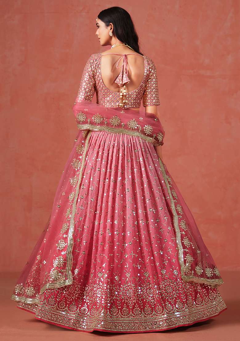 Peach And Light Pink Georgette Lehenga Set with Embroidered & Sequin for Diwali | Wedding & Festive Wear - Indya