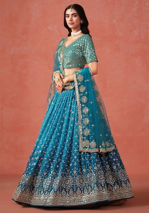Rama Blue Georgette Sequin Embroidered Lehenga Set